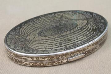 catalog photo of vintage Elgin American silver plated compact, large oval powder compact