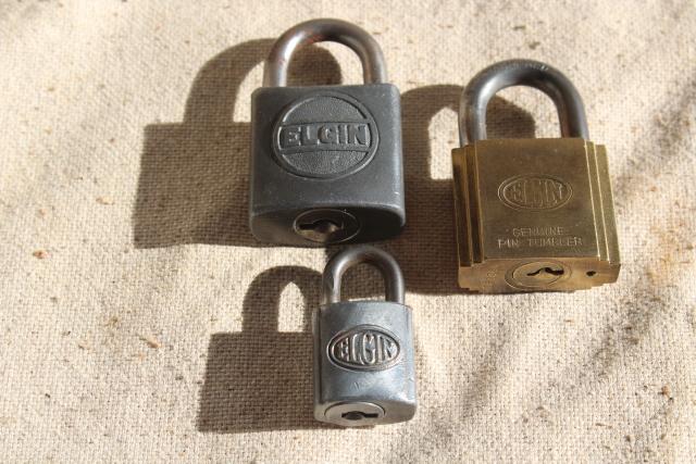 photo of vintage Elgin locks, old brass & steel padlocks, locked without keys #1