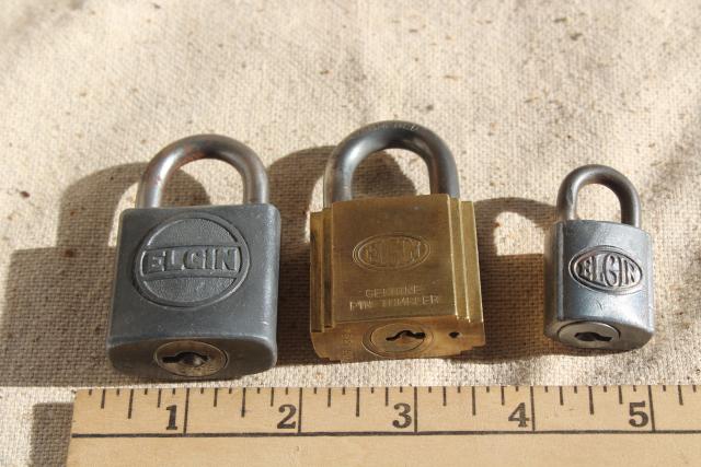 photo of vintage Elgin locks, old brass & steel padlocks, locked without keys #4