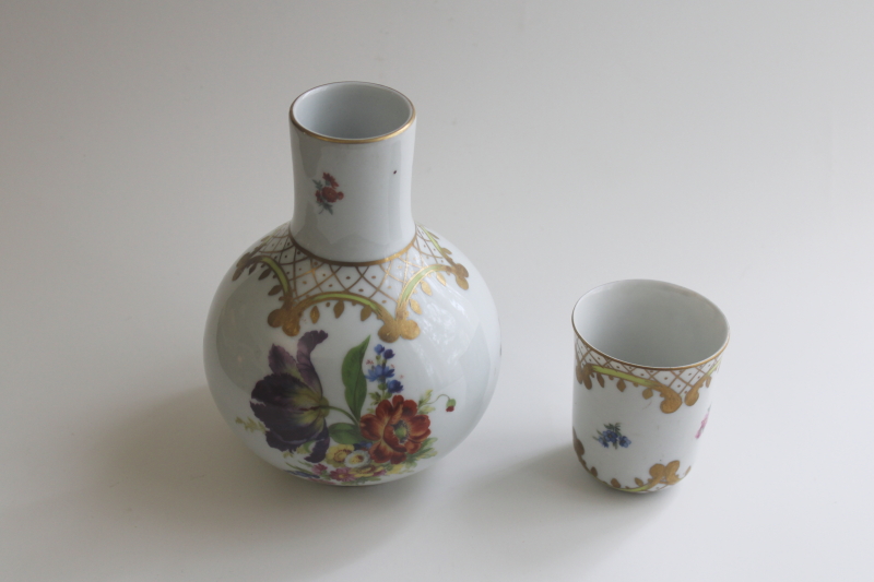 photo of vintage Elios France dresden floral porcelain bedside carafe with tumbler, tumble up  #1