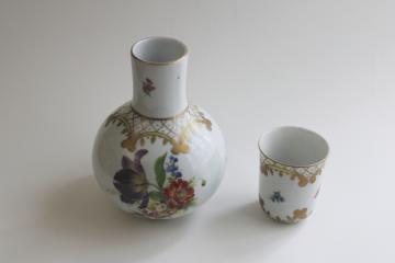 catalog photo of vintage Elios France dresden floral porcelain bedside carafe with tumbler, tumble up 