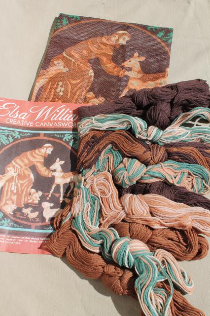 photo of vintage Elsa Williams St Francis & deer needlepoint kit w/ wool tapestry yarn & canvas #1