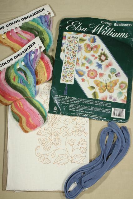 photo of vintage Elsa Williams bell pull kit w/ wool yarns crewel work fabric stamped for embroidery #1