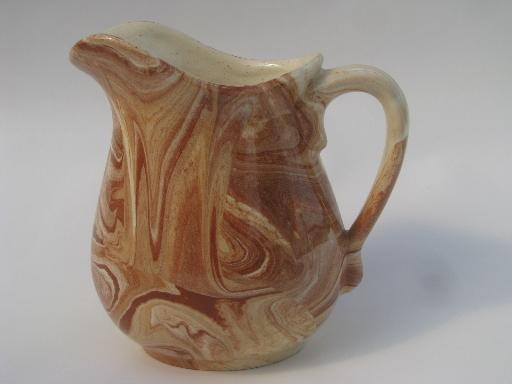 photo of vintage Emil Cahoy pottery pitcher, brown and cream slip or marbled glaze #1