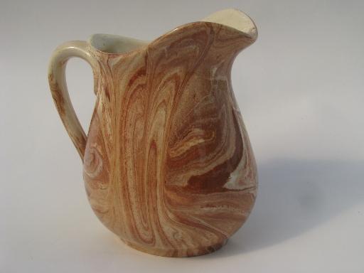 photo of vintage Emil Cahoy pottery pitcher, brown and cream slip or marbled glaze #2