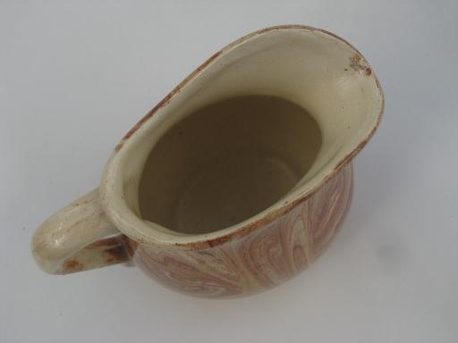 photo of vintage Emil Cahoy pottery pitcher, brown and cream slip or marbled glaze #4