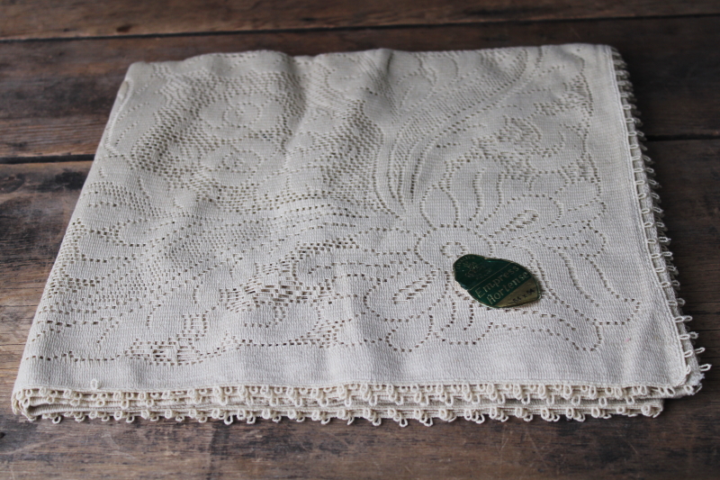 photo of vintage Empress Hortense tag cotton lace tablecloth, deep flax tan color square #1