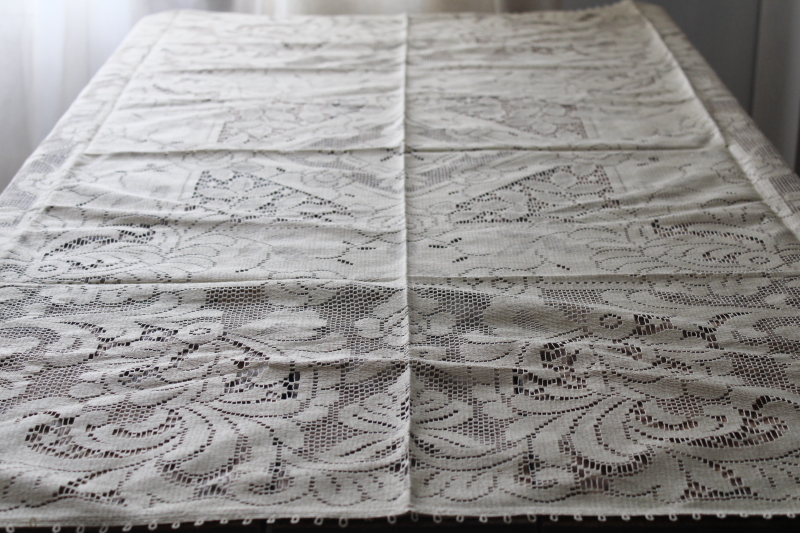 photo of vintage Empress Hortense tag cotton lace tablecloth, deep flax tan color square #3