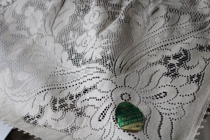photo of vintage Empress Hortense tag cotton lace tablecloth, deep flax tan color square #4