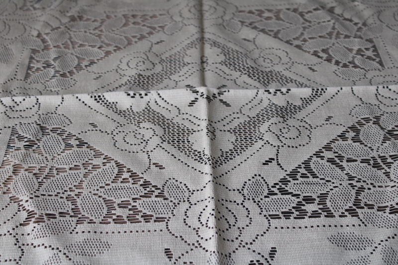 photo of vintage Empress Hortense tag cotton lace tablecloth, deep flax tan color square #6