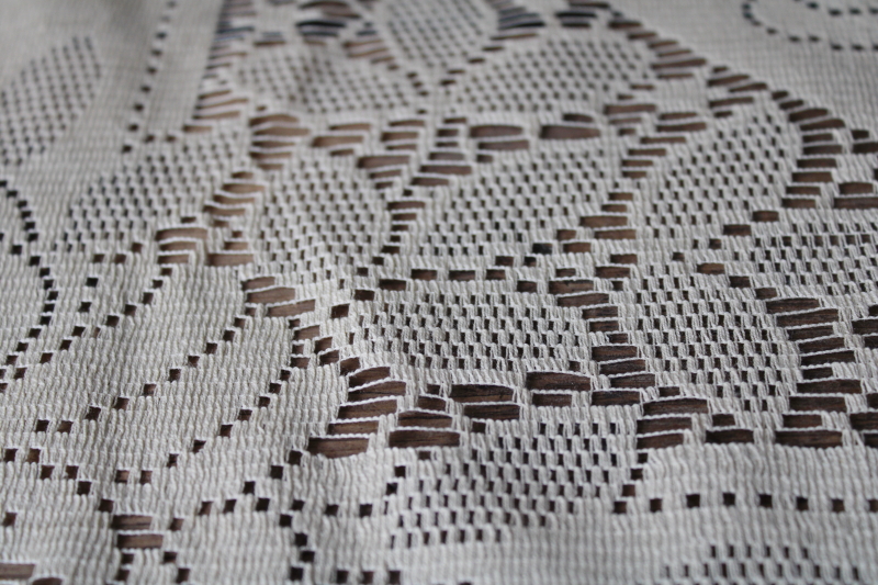 photo of vintage Empress Hortense tag cotton lace tablecloth, deep flax tan color square #7