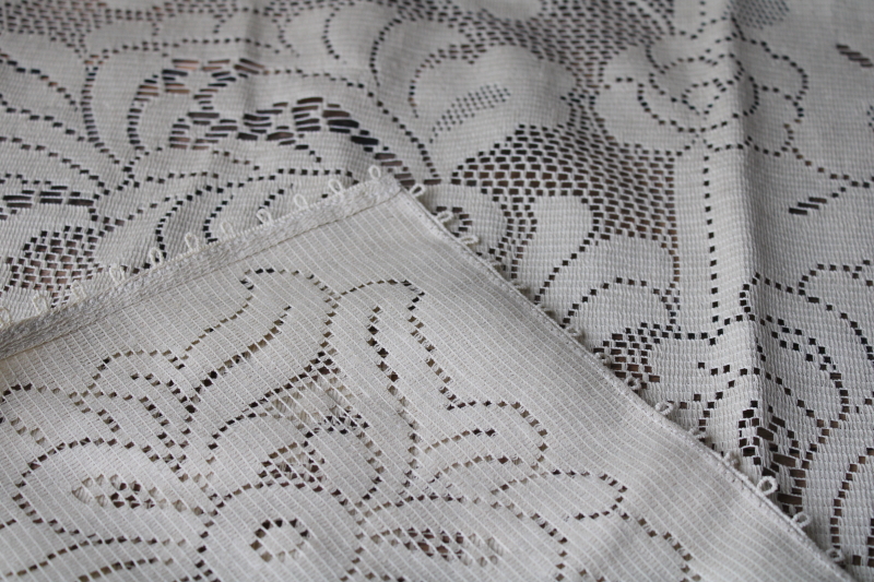 photo of vintage Empress Hortense tag cotton lace tablecloth, deep flax tan color square #8