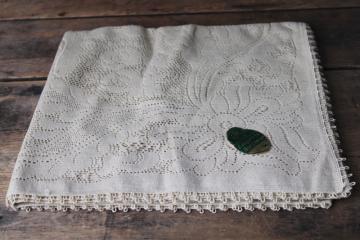 catalog photo of vintage Empress Hortense tag cotton lace tablecloth, deep flax tan color square