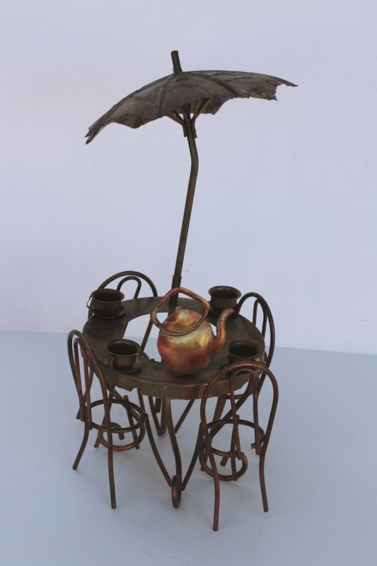 photo of vintage Enesco Hong Kong metal art sculpture bistro cafe table & chairs w/ umbrella  #1