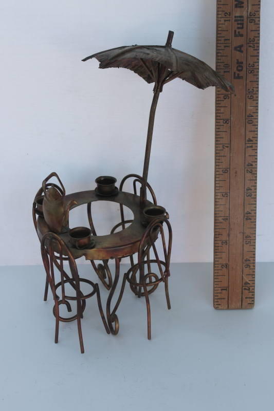 photo of vintage Enesco Hong Kong metal art sculpture bistro cafe table & chairs w/ umbrella  #4