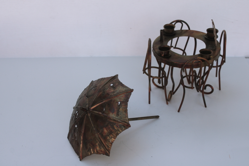 photo of vintage Enesco Hong Kong metal art sculpture bistro cafe table & chairs w/ umbrella  #5