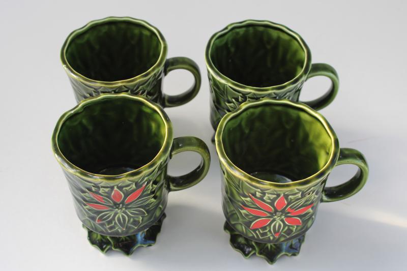 photo of vintage Enesco Japan ceramic Christmas mugs, holly & poinsettia green & red #2