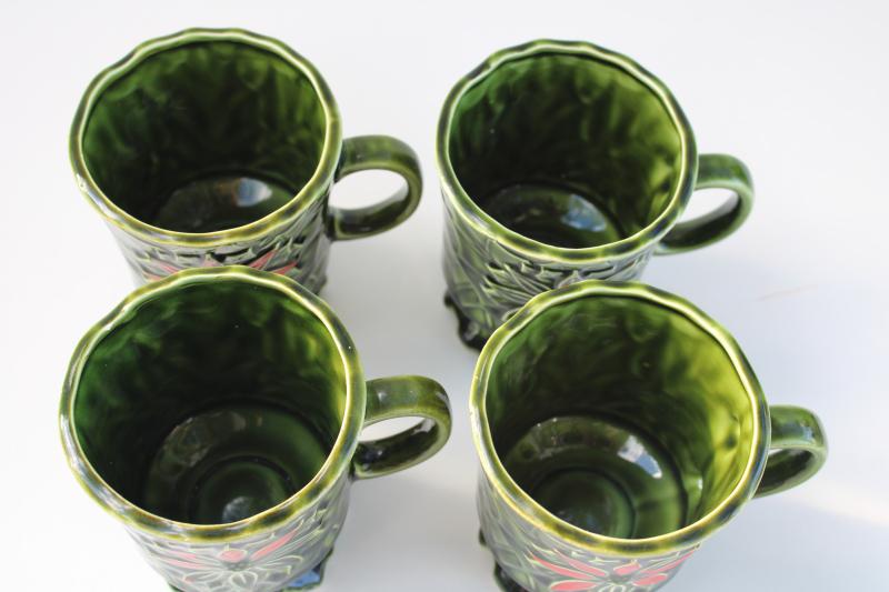 photo of vintage Enesco Japan ceramic Christmas mugs, holly & poinsettia green & red #3