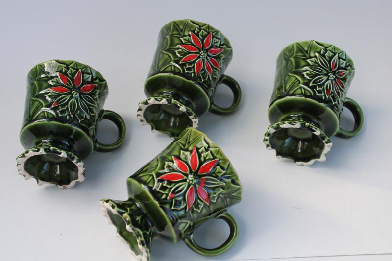 photo of vintage Enesco Japan ceramic Christmas mugs, holly & poinsettia green & red #6