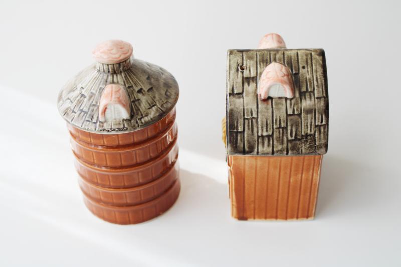 photo of vintage Enesco Japan ceramic Gentleman Farmer barn and silo salt & pepper shakers set #2
