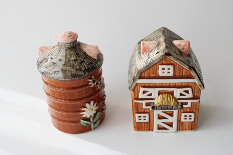 photo of vintage Enesco Japan ceramic Gentleman Farmer barn and silo salt & pepper shakers set #6
