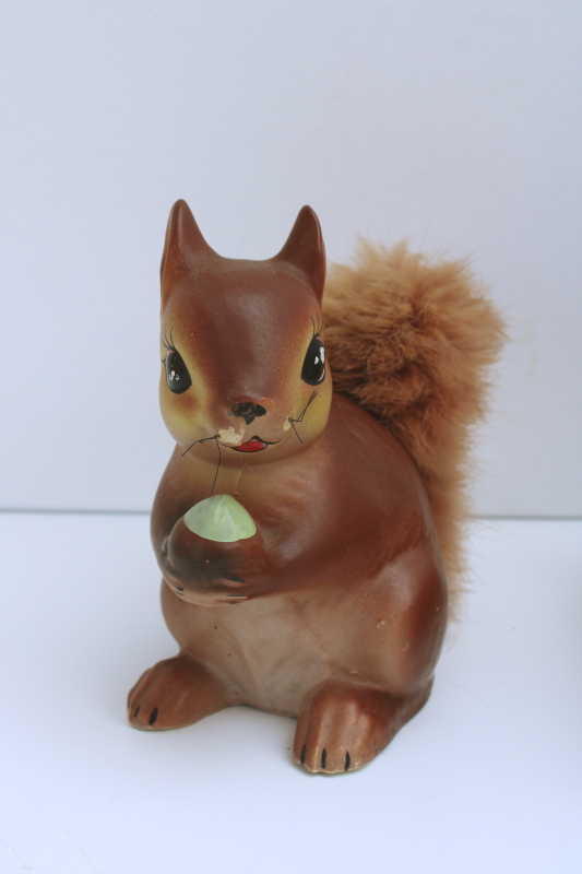 photo of vintage Enesco Japan ceramic squirrel w/ real fur tail, large figurine coin savings bank  #1