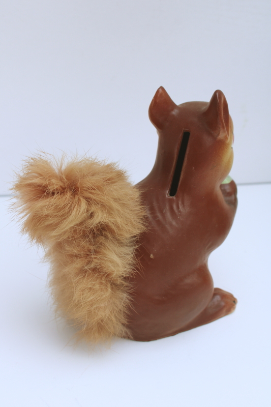 photo of vintage Enesco Japan ceramic squirrel w/ real fur tail, large figurine coin savings bank  #2