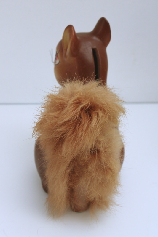 photo of vintage Enesco Japan ceramic squirrel w/ real fur tail, large figurine coin savings bank  #3