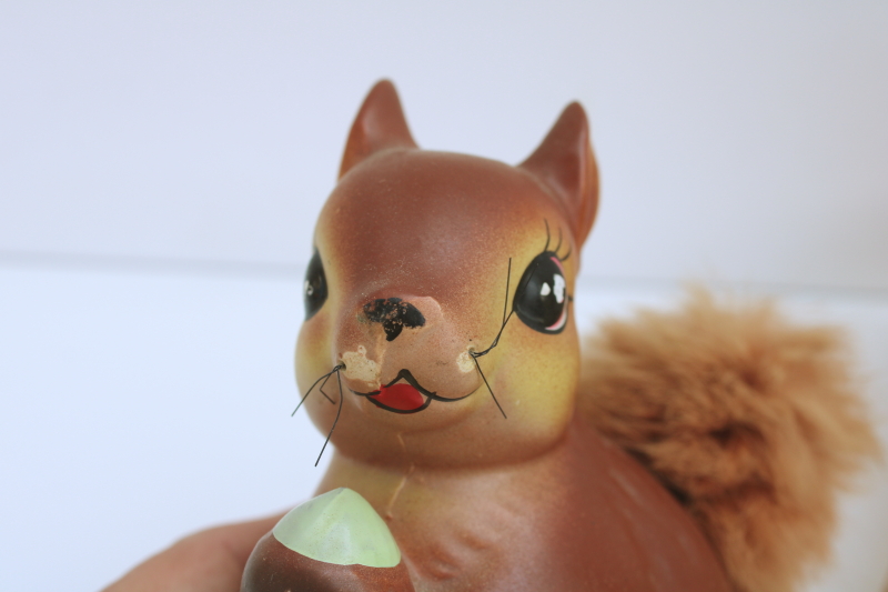 photo of vintage Enesco Japan ceramic squirrel w/ real fur tail, large figurine coin savings bank  #4