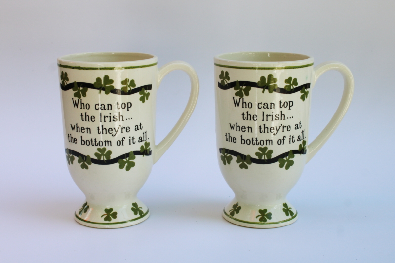 photo of vintage Enesco ceramic tall beer mugs, Irish drinking theme w/ lucky clover  #1