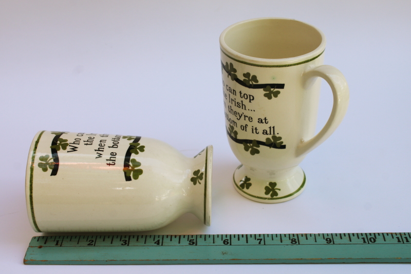 photo of vintage Enesco ceramic tall beer mugs, Irish drinking theme w/ lucky clover #4