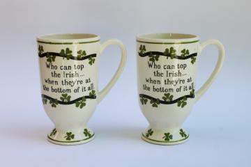 catalog photo of vintage Enesco ceramic tall beer mugs, Irish drinking theme w/ lucky clover 