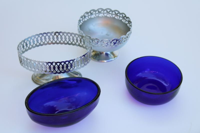 photo of vintage England Celtic Quality Plate bonbon dishes, cobalt blue glass bowls w/ pierced filigree metal #5