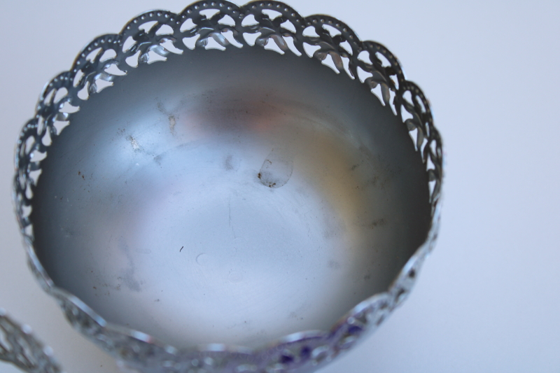 photo of vintage England Celtic Quality Plate bonbon dishes, cobalt blue glass bowls w/ pierced filigree metal #6