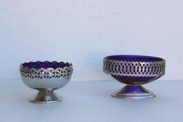 catalog photo of vintage England Celtic Quality Plate bonbon dishes, cobalt blue glass bowls w/ pierced filigree metal