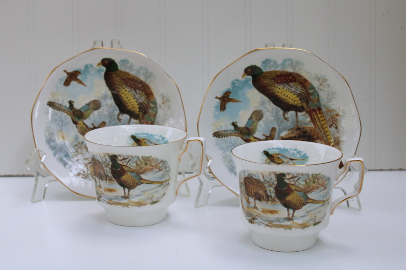 photo of vintage England Rosina Queens fine bone china large cups saucers, pheasants game birds pattern #1