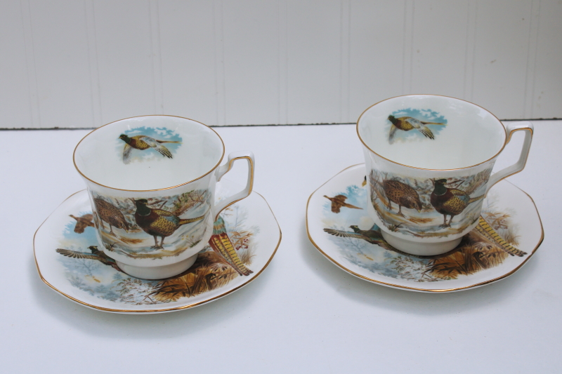 photo of vintage England Rosina Queens fine bone china large cups saucers, pheasants game birds pattern #5