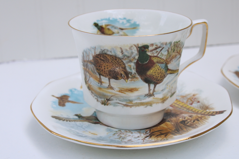 photo of vintage England Rosina Queens fine bone china large cups saucers, pheasants game birds pattern #6