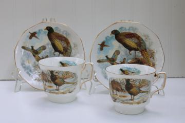 photo of vintage England Rosina Queens fine bone china large cups saucers, pheasants game birds pattern