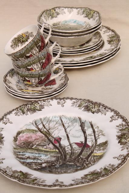 photo of vintage England The Friendly Village Johnson Bros china dinner plates, bowls etc. #1