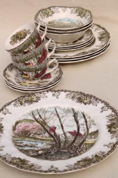 catalog photo of vintage England The Friendly Village Johnson Bros china dinner plates, bowls etc.