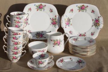 catalog photo of vintage England bone china tea cups, plates set for 12, Dresden Spray Crown Staffordshire