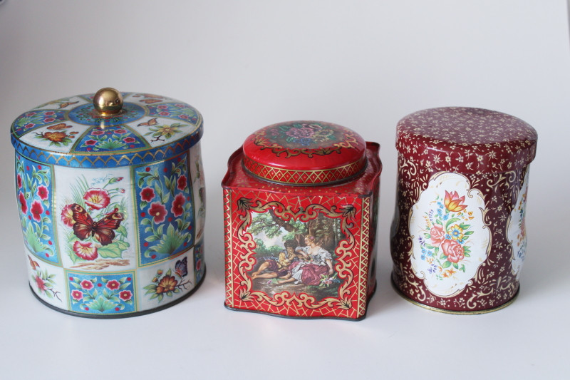 photo of vintage England metal tins w/ bright flowers, butterflies, pastoral scene #1