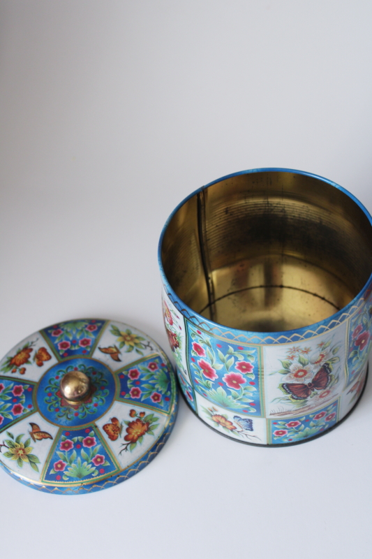 photo of vintage England metal tins w/ bright flowers, butterflies, pastoral scene #2