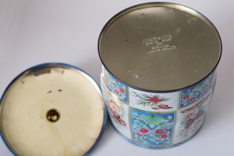 photo of vintage England metal tins w/ bright flowers, butterflies, pastoral scene #3