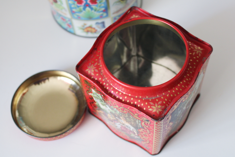 photo of vintage England metal tins w/ bright flowers, butterflies, pastoral scene #4