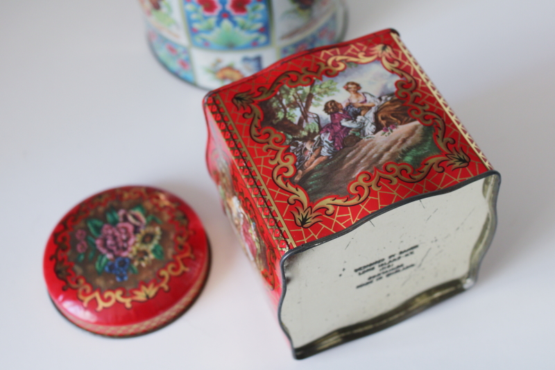 photo of vintage England metal tins w/ bright flowers, butterflies, pastoral scene #5