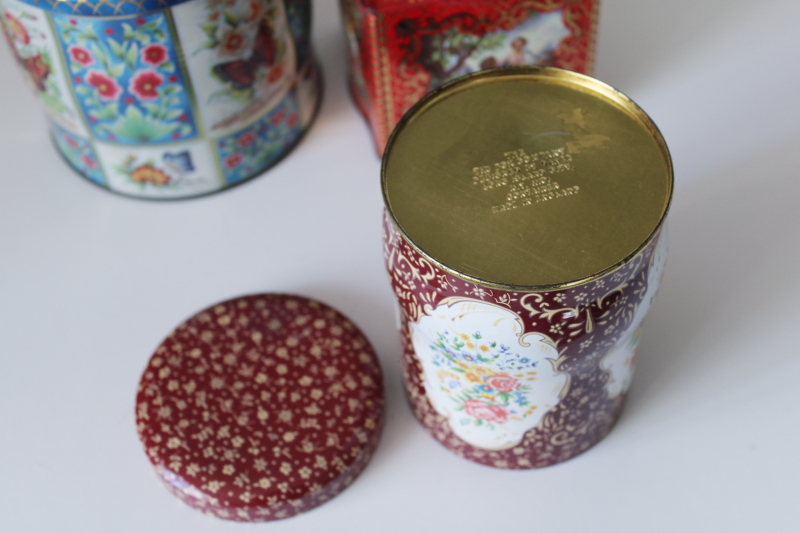 photo of vintage England metal tins w/ bright flowers, butterflies, pastoral scene #6