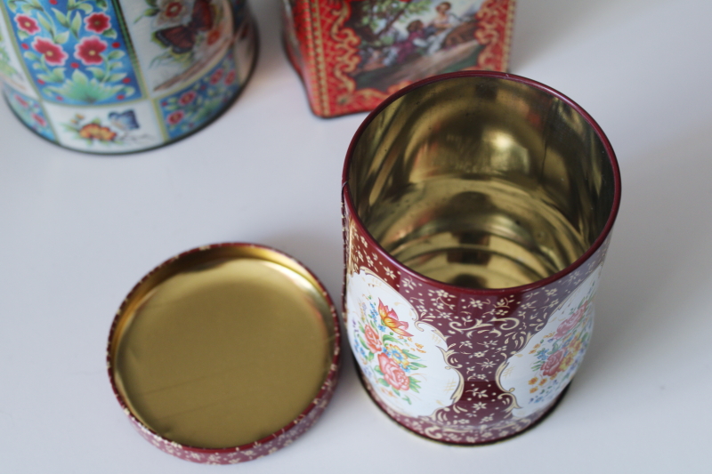 photo of vintage England metal tins w/ bright flowers, butterflies, pastoral scene #7