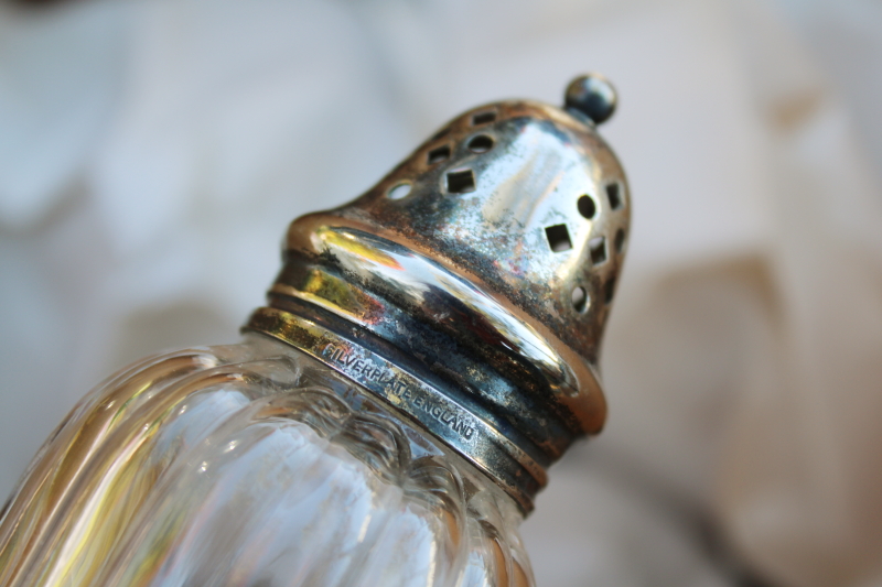 photo of vintage England muffineer, large glass sugar shaker w/ silver plated lid #6